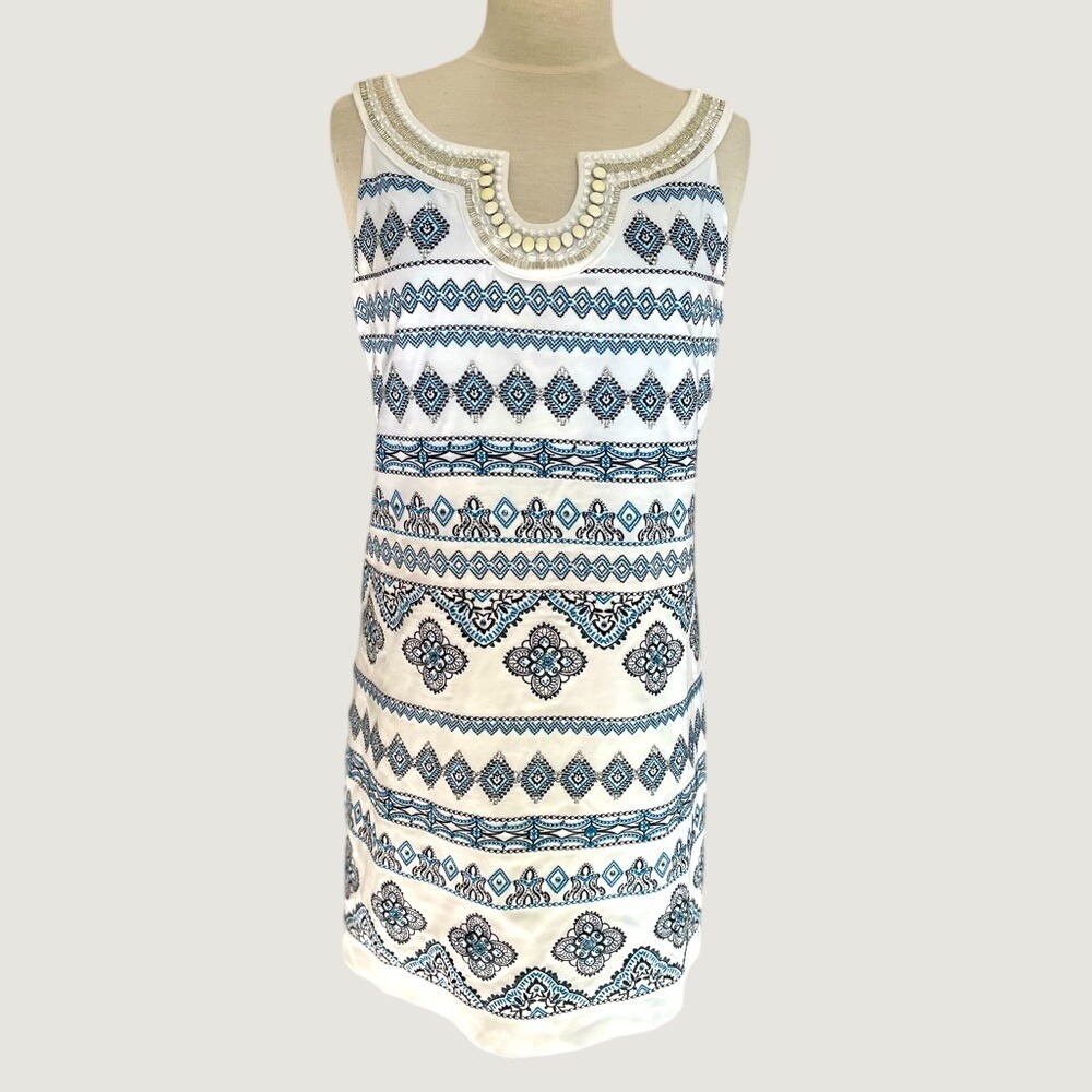 White House Black Market Beaded Geometric Print Shift Dress Blue White Sz 8 NWT